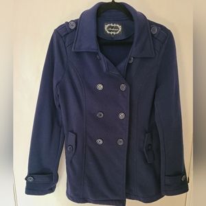 Navy blue peacoat with tons of buttons